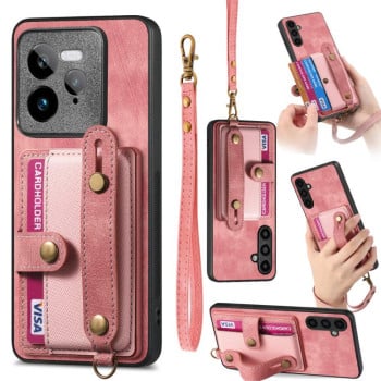Противоударний чехол Retro Cross Wristband Wallet Leather для Realme GT 7 Pro - рожевий