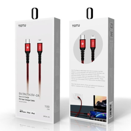 Нервущийся сертифицированный кабель TOTUDESIGN BPDA-03 Aurora Series USB-C / Type-C to 8 Pin PD Fast Charging MFI для iPhone iPad-черный