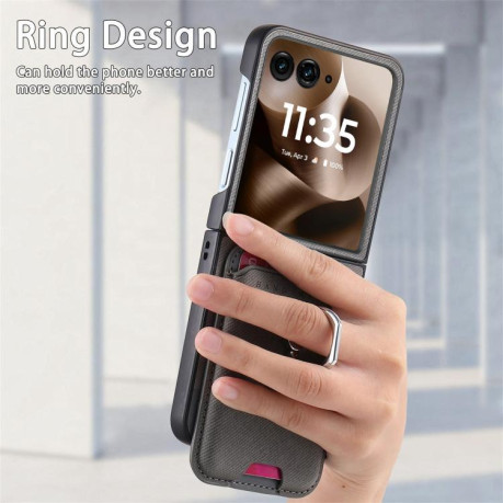 Противоударный чехол Twill Fabric Card Bag Ring Magnetic для Motorola Moto Razr 60 Ultra 5G - сірий