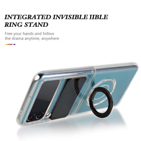 Противоударный чехол Sliding Camera with Ring Holder для Samsung Galaxy Z Flip3 5G - прозрачно- темно-зеленый