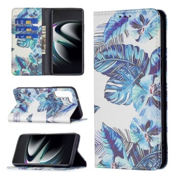 Чехол-книжка Colored Drawing Series на Samsung Galaxy S22 Plus 5G - Blue Leaf