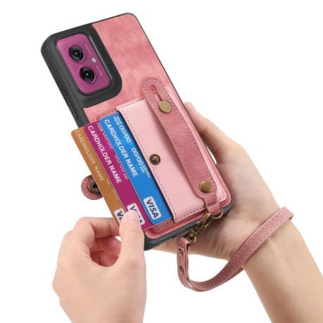 Противоударный чехол Retro Cross Wristband Wallet Leather для Motorola Moto G55 - розовый