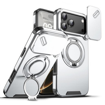 Противоударный чехол со шторкой камеры Sliding Camshield и кольцом-подставкой на iPhone 18 Pro Max — серебристый