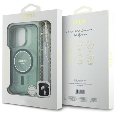Оригинальный чехол Guess IML Glitter With Pearl Strap MagSafe для iPhone 16 Pro Max - green