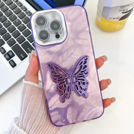 Противоударный чехол Plating Glitter Texture Butterfly для iPhone 16 Pro - Purple Feathers