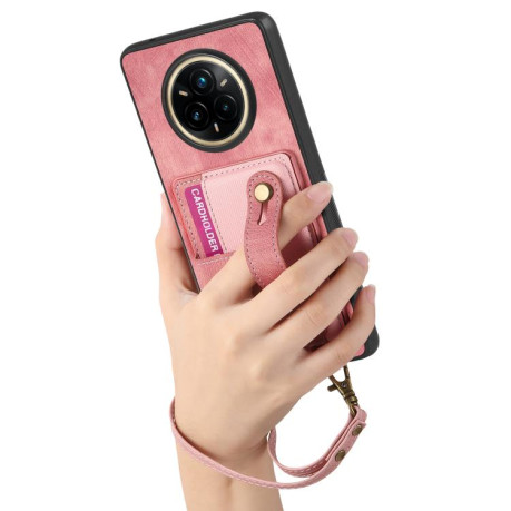 Противоударний чехол Retro Cross Wristband Wallet Leather для Realme 14 Pro+ - рожевий