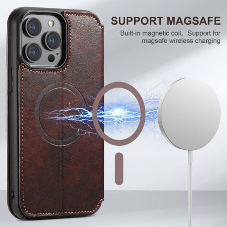 Чехол-книжка Suteni J05 Leather Magnetic MagSafe для iPhone 16 Pro Max - коричневый