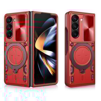 Чехол со шторкой камеры CD фактурой и подставкой на Samsung Galaxy Fold 7 5G - красный