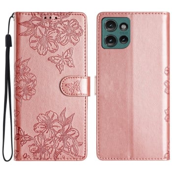 Чехол-книжка Cherry Blossom Butterfly Skin Feel Embossed на Motorola Edge 50 5G - золото