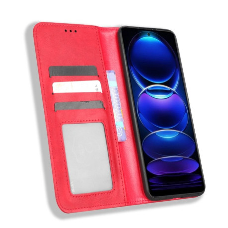 Чехол-книжка Magnetic Buckle Retro Crazy Horse Texture на Xiaomi Redmi Note 12 5G - красный