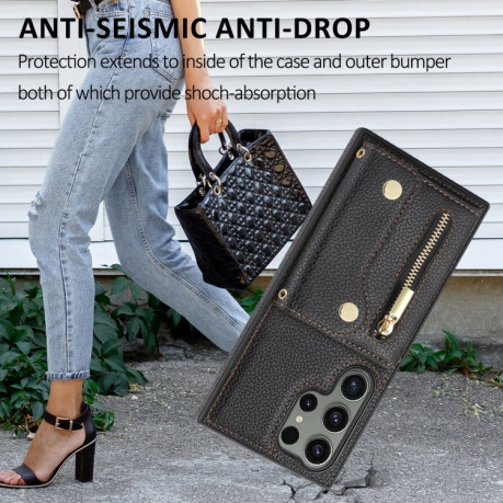 Чехол DF-09 Crossbody Litchi Texture Card Bag Designg для Samsung Galaxy S24 Ultra - черный