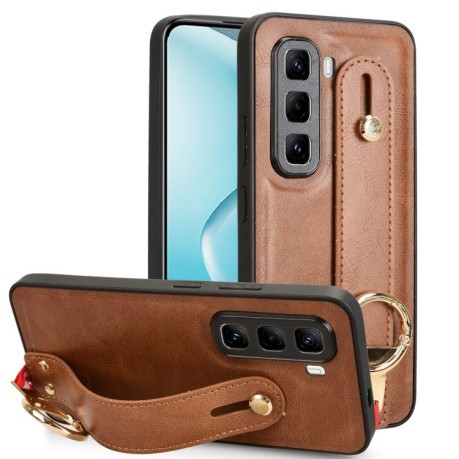 Противоударный чехол Wristband Leather Back для Infinix Hot 50 Pro 4G - коричневый