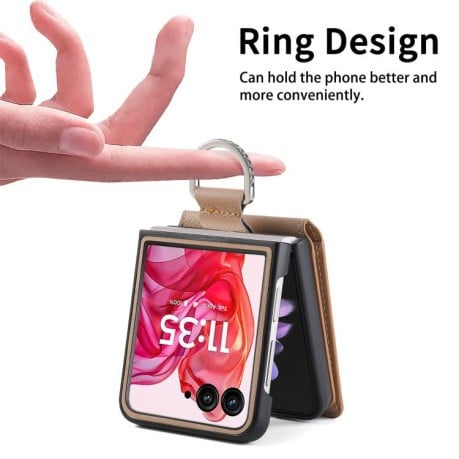Противоударный чехол Litchi Texture Leather Ring Wallet  на Motorola Razr 60 Ultra - хаки