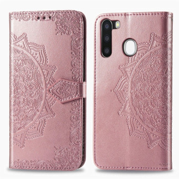 Чехол-книжка Lucky Clover Halfway Mandala Embossing Pattern на Samsung Galaxy A21 - розовое золото