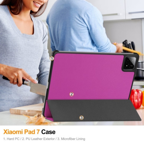Чехол Custer Texture Three-folding Sleep/Wake-up для Xiaomi Pad 7 / 7 Pro- черный - фиолетовый