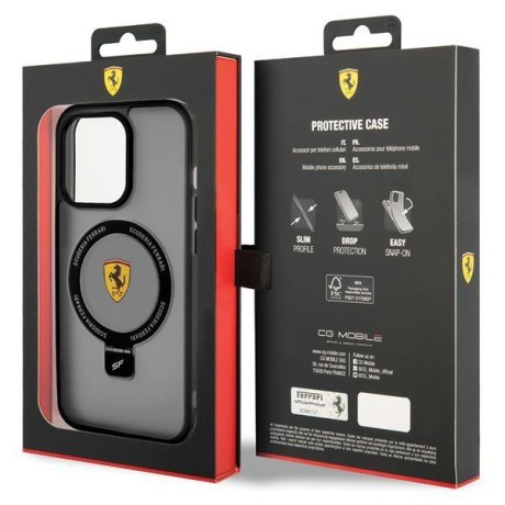 Оригинальный чехол Ferrari Ring Stand 2023 Collection MagSafe для iPhone 15 Pro Max - Transparent and Black