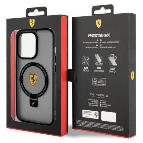 Оригінальний чохол Ferrari Ring Stand 2023 Collection MagSafe для iPhone 15 Pro Max - Transparent and Black