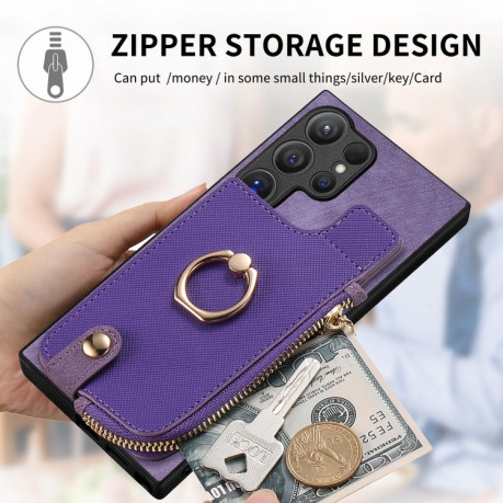 Чехол Cross Leather Ring Vertical Zipper Wallet для Samsung Galaxy S24 Ultra 5G - фиолетовый