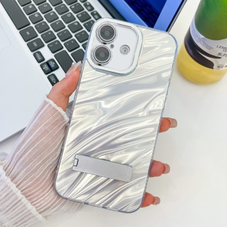 Противоударный чехол Plating Glitter Texture Fold Holder TPU Phone Case with Lens Film для iPhone 16 - White Water Ripples