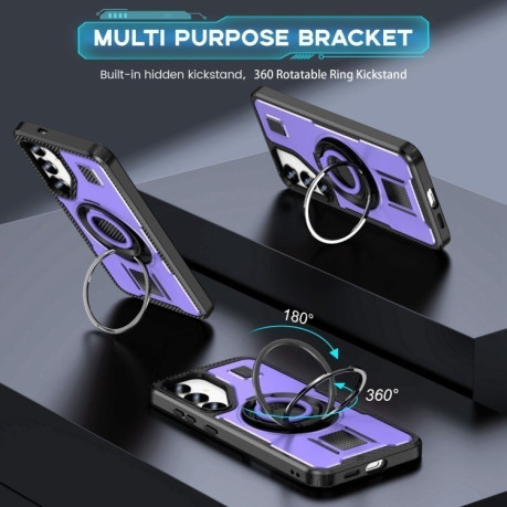 Противоударный чехол Ring Holder Carbon Fiber PC Hybrid TPU для Samsung Galaxy S25 5G - фиолетовый