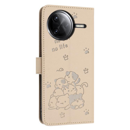 Чехол-книжка Embossed Kitten Phone Leather для Xiaomi Poco F7 Pro / F7 Ultra - бежевый