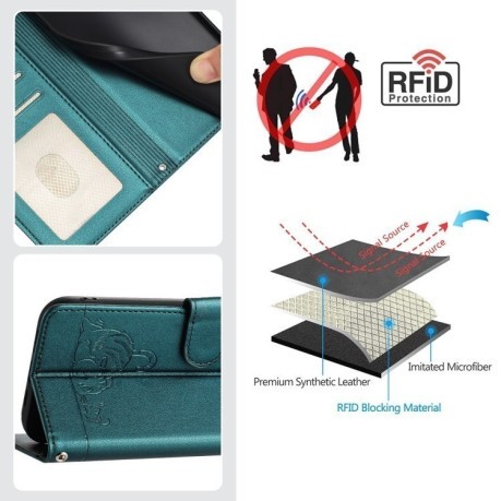 Чехол-книжка Cat Embossing Pattern на Realme GT 7 Pro 5G - Peacock Green