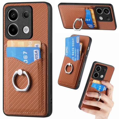 Противоударный чехол Carbon Fiber Card Wallet Ring Holder для Xiaomi Redmi Note 13 Pro+ 5G - коричневый
