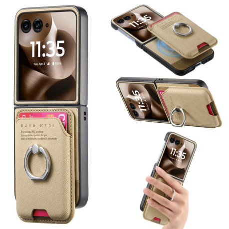 Противоударный чехол Twill Fabric Card Bag Ring Magnetic для Motorola Moto Razr 60 Ultra 5G - хаки