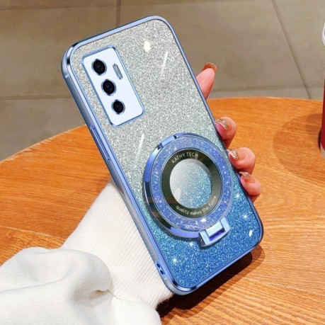 Противоударный чехол Plated Gradient Glitter Round Holder для Vivo S10e / V23e 4G / 5G - голубой