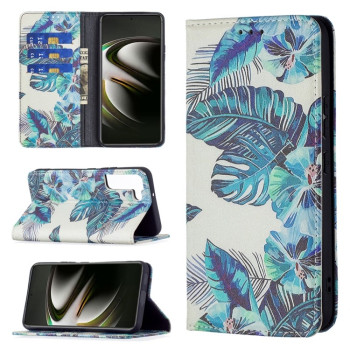 Чехол-книжка Colored Drawing Pattern для Samsung Galaxy S22 5G - Blue Leaf