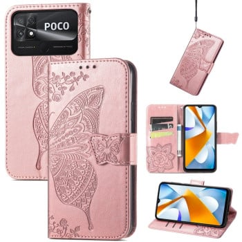 Чохол-книжка Butterfly Love Flower Embossed на Xiaomi Poco C40/Redmi 10c -рожеве золото