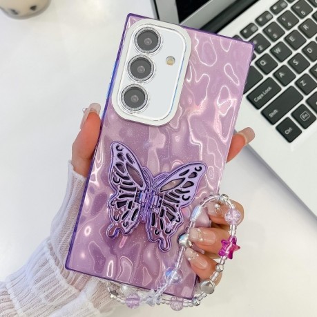 Противоударный чехол Plating Glitter Lens Film Texture Butterfly Holder Wristband для Samsung Galaxy A36 5G - Purple Wrinkles