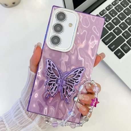 Протиударний чохол Plating Glitter Lens Film Texture Butterfly Holder Wristband для Samsung Galaxy S25+ 5G - Purple Wrinkles