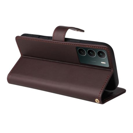 Чехол-книжка Six Card Slots Buckle Leather with Lanyard на Realme C75 - кофейный
