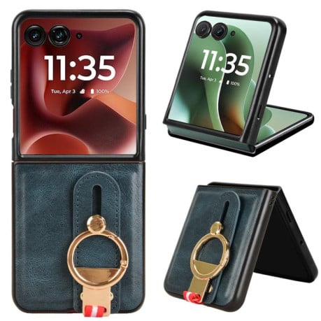 Противоударный чехол Wristband Leather Back для Motorola Razr 60 Ultra - синий