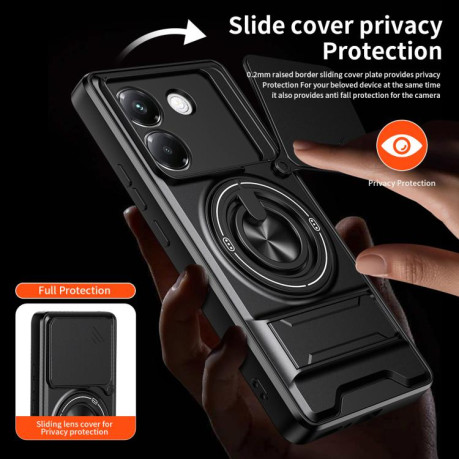 Противоударный чехол Lens Sliding Window Multifunctional Magnetic Shockproof со шторкой камеры на Xiaomi Poco M7 Pro 5G — титаново-серый