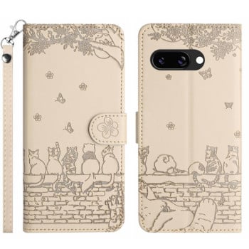 Чехол-книжка Cat Embossing Pattern на Google Pixel 9a - бежевый