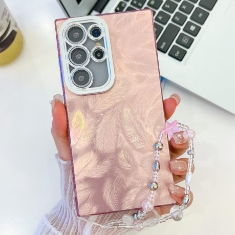 Протиударний чохол Plating Glitter Texture Chain  для Samsung Galaxy S25 Ultra 5G - Pink Feathers