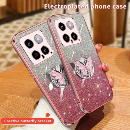 Протиударний чохол Plated Gradient Glitter Butterfly Holder для Xiaomi 14 - рожевий