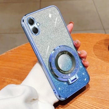 Противоударный чехол Plated Gradient Glitter Round Holder для Samsung Galaxy A06 4G - голубой