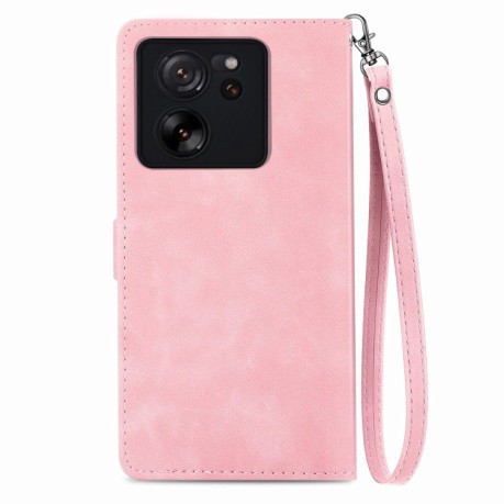Чехол-книжка Embossed Flower Zipper Leather на Xiaomi Redmi Note 13 5G - розовый