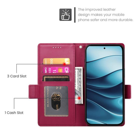 Чохол-книжка Side Buckle Magnetic Frosted Leather для Xiaomi Redmi Note 14 4G 164.84mm - винно-червоний