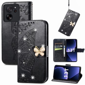 Чохол-книжка Rhinestones Butterfly Love Flower Embossed для Xiaomi 13T / 13T Pro - чорний