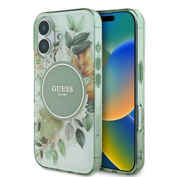 Оригинальный чехол Guess IML Flower &amp; Tonal Circle MagSafe для iPhone 16 - green