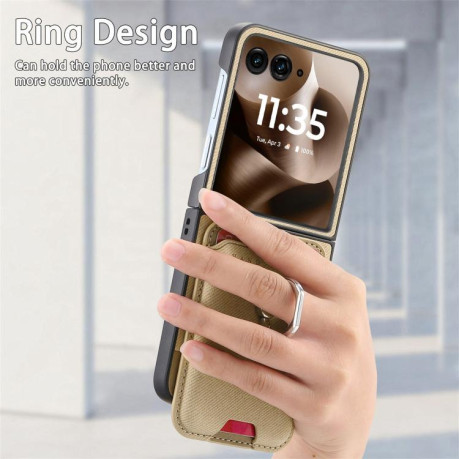 Противоударный чехол Twill Fabric Card Bag Ring Magnetic для Motorola Moto Razr 60 Ultra 5G - хаки