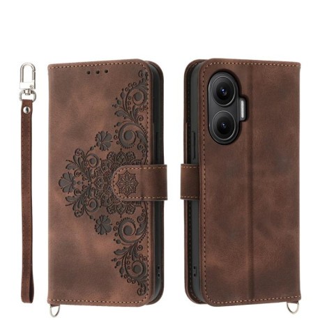 Чехол-книжка Skin-feel Flowers Embossed для Xiaomi Poco F7 - коричневый