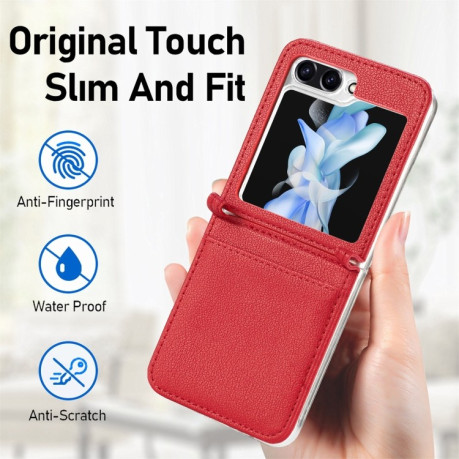 Противоударный чехол Litchi Texture Card для Samsung Galaxy Flip 5 - красный