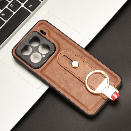 Противоударный чехол Wristband Leather Back для Xiaomi 15 - коричневый