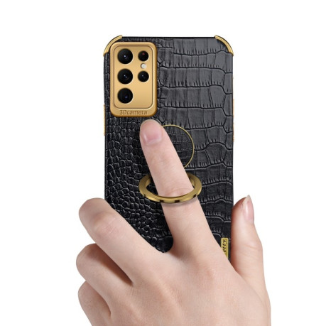 Противоударный чехол 6D Electroplating Crocodile для Samsung Galaxy S23 Ultra 5G - черный
