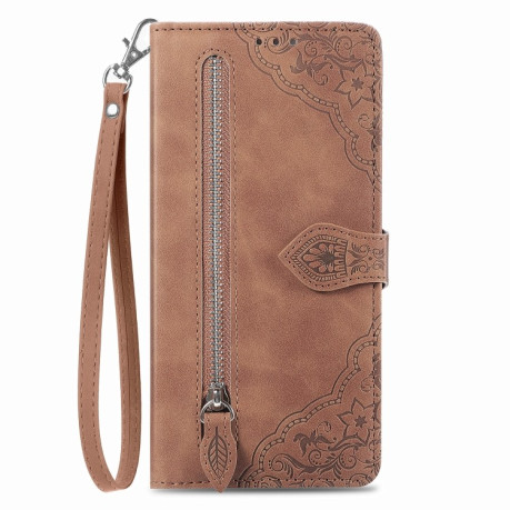 Чехол-книжка Embossed Flower Zipper Leather на Xiaomi Redme Note 13 5G - коричневый